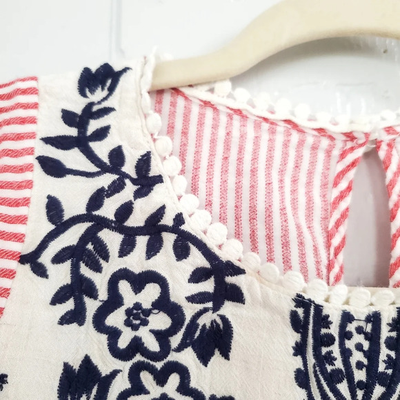 THML Red Pinstripe Navy Floral Embroidered Flowy Boho Top Small - Picture 5 of 10